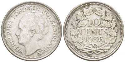Нидерланды 10 центов 1936 Вильгельмина I (1890-1948) КМ 163 серебро UNC 214-744