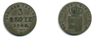 Ольденбург 3 гротена 1840 S, Павел Фридрих Август (1829-1853) KM 171 (C49) серебро 00-00