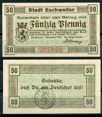 Германия, Эшвайлер 50 пфеннигов 1918 нотгельд, 1.12.1918 бумага UNC (пресс) 8614-47-1-2