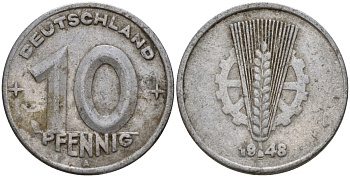ГДР 10 пфеннигов 1948 A KM 3 алюминий 24-517