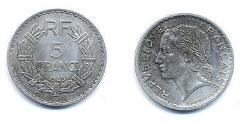 Франция 5 франков 1949 тип Лаврийе KM 888b.1, LE FRANC 339.17 алюминий 4379-1224