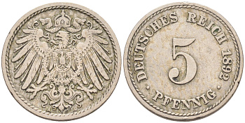 ГЕРМАНИЯ 5 ПФЕННИГОВ 1892 А, KM 11, J. 12 медно-никель 4588-338
