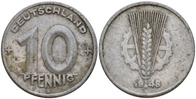 ГДР 10 пфеннигов 1948 A KM 3 алюминий 24-517