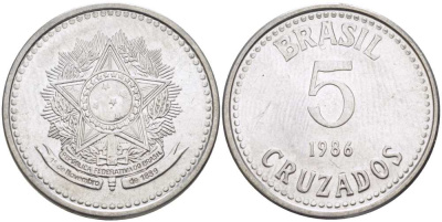Бразилия 5 крузадо 1986 реформа (1986-1989) KM 606 нержавеющая сталь 28-856