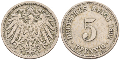 ГЕРМАНИЯ 5 ПФЕННИГОВ 1892 А, KM 11, J. 12 медно-никель 4588-338