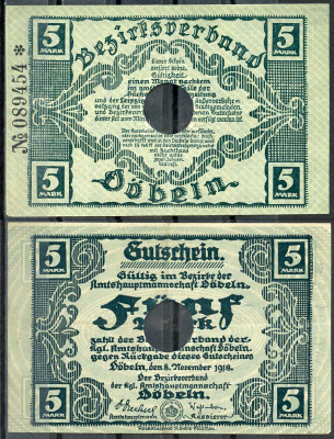 Германия, Дёбельн 5 марок 1918 нотгельд, 8.11.1918, цифры черные, крупные Geiger 105.01  бумага  UNC (пресс) 444-115-2-2
