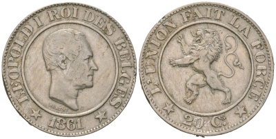 Бельгия 20 сантимов 1861 Леопольд I (1831-1865) KM 20 медно-никель 113-331