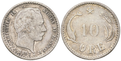 Дания 10 эре 1897 Кристиан IX (1863-1906) KM 795 серебро 4621-1016