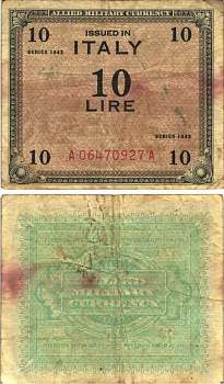 Италия 10 лир 1943 военная валюта союзников Pick M13b бумага 7484-47-3-2