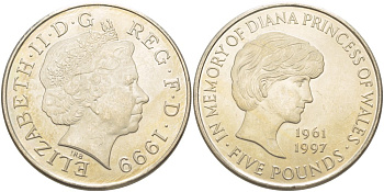 Великобритания 5 фунтов 1999 Елизавета II (1952-2022), в память о принцессе Диане (1961-1997) KM 997, Spink 4551 (L6) медно-никель UNC 4184-1014