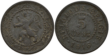 Бельгия 5 сантимов 1916 германская оккупация Первая мировая война, Альберт I (1910-1934) KM 80 цинк 4147-813