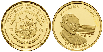 Либерия 25 долларов 2001 Махатма Ганди  золото  PROOF  00-812-43