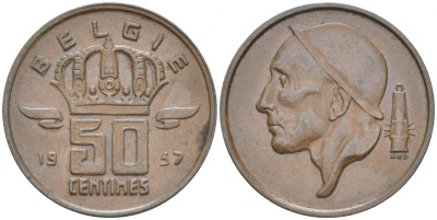 Бельгия 50 сантимов 1957 Belgie, Бодуэн I (1951-1993) KM 149.1 бронза 214-759
