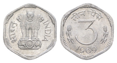 Индия 3 пайса 1969 Без отметки монетного двора - Калькутта KM 14.2 алюминий UNC 4649-356