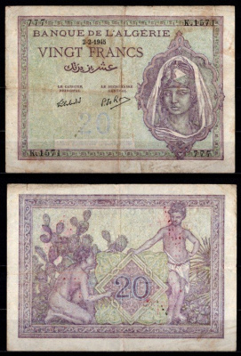 Алжир 20 франков 1945 Pick 92 b бумага 7217-17-2-2