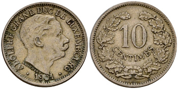 Люксембург 10 сантимов 1901 Адольф (1890-1905) KM 25 медно-никель 4602-447