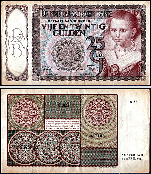 Нидерланды 25 гульденов 1944 Pick 60 бумага 7551-27-2-2