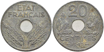 Франция 20 сантимов 1943 Правительство Виши KM 900.1, LE FRANC 153.5 цинк 175-323