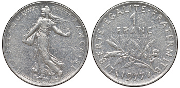Франция 1 франк 1977 сеятель KM 925.1, Le Franc 226.22 никель 54-1851