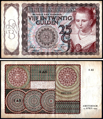 Нидерланды 25 гульденов 1944 Pick 60 бумага 7551-27-2-2