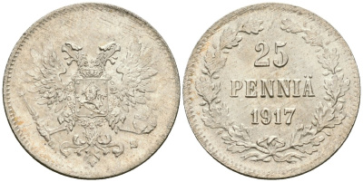 Россия для Финляндии 25 пенни 1917 S, временное правительство, без короны KM 19, Биткин 2 серебро aUNC 4580-1235