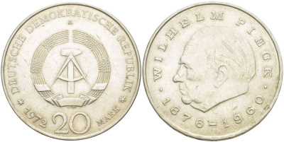 ГДР 20 марок 1972 А, Вильгельм Пик (1876-1960) KM 42 медно-никель 4521-511