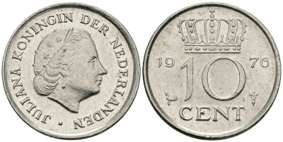 Нидерланды 10 центов 1976 Юлиана (1948-1980) КМ 182 никель 96-424