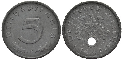 ГЕРМАНИЯ 5 РЕЙХСПФЕННИГОВ 1940 F KM 100, Jager 370 цинк 4547-666