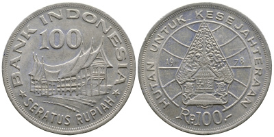 Индонезия 100 рупий 1978 хижина Минангкабау, легендарное дерево жизни KM 42 медно-никель 176-1115