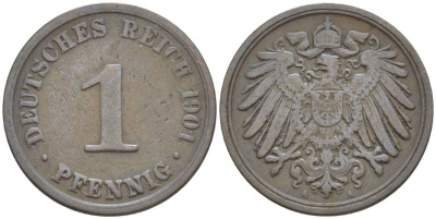 ГЕРМАНИЯ 1 ПФЕННИГ 1901 A KM 10, Jager. 10, Weege 2 медь 4528-1166