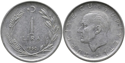 Турция 1 лира 1960 Мустафа Кемаль Ататюрк KM 889а.1 нержавеющая сталь 4541-1224
