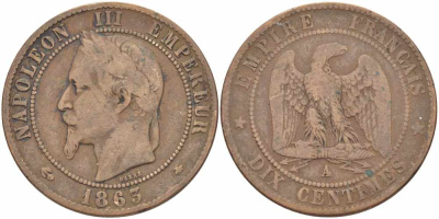 Франция 10 сантимов 1863 A, Наполеон III (1852-1870) KM 798.1, Le Franc 134.8 бронза 4394-1221