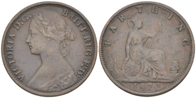 Великобритания 1 фартинг 1872 Виктория (1837-1901) KM 747.2, Spink 3958 бронза 4543-853