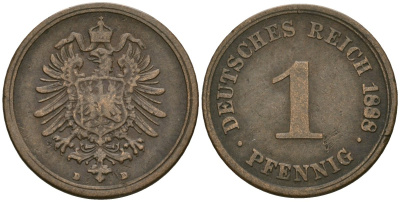 Германия 1 пфенниг 1888 D, Вильгельм I (1871-1888) KM 1, J. 1 медь 4387-464