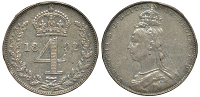 Великобритания 4 пенса 1892 Виктория (1837-1901) Spink 3933 серебро 00-00