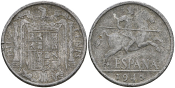 Испания 10 сентимо 1945 Франсиско Франко (1939-1975) KM 766 алюминий 4604-517