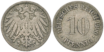 Германия 10 пфеннигов 1900 D, Вильгельм II (1888-1918) KM 12, J. 13 медно-никель 4615-747