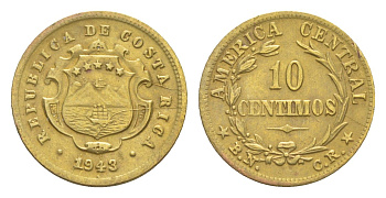 Коста-Рика 10 сентимо 1943 KM 180 латунь 1522-613