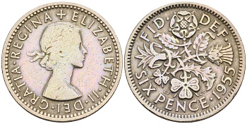 Великобритания 6 пенсов 1955 Елизавета II (1952-2022) KM 903, Spink 4149 медно-никель 4588-523