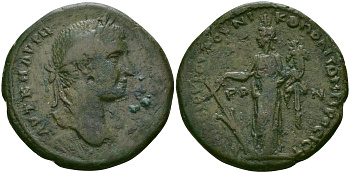 Римская Империя, Провинция Нижняя Мезия, Никополь-на-Истре AE 218 - 222 Элагабал, бюст императора / богиня Тихе Varbanov 3952 бронза 1100-5-21