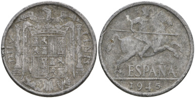 Испания 10 сентимо 1945 Франсиско Франко (1939-1975) KM 766 алюминий 4604-517