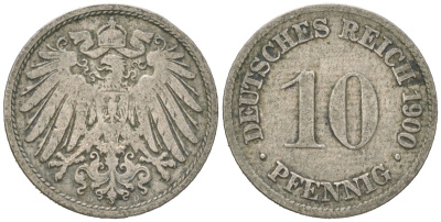 Германия 10 пфеннигов 1900 D, Вильгельм II (1888-1918) KM 12, J. 13 медно-никель 4615-747
