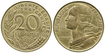 ФРАНЦИЯ 20 САНТИМОВ 1992 KM 930 медь алюминий никель 93-1357