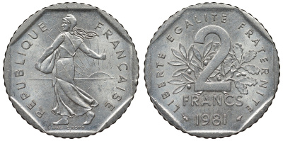 Франция 2 франка 1981 сеятель KM 942.1, Le Franc 272.5 никель 4123-426