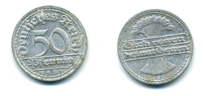 ГЕРМАНИЯ 50 ПФЕННИГОВ 1921 J KM 27, J. 301 алюминий 54-1214