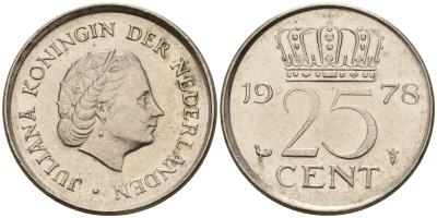 Нидерланды 25 центов 1978 Юлиана (1949-1980) KM 183 никель    4598-528