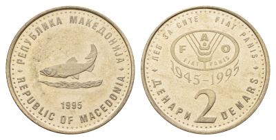 Македония 2 денара 1995 50 лет ФАО KM 6a медь цинк никель UNC 212-621