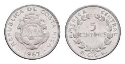 Коста-Рика 5 сентимо 1967 KM 184.1a нержавеющая сталь UNC 4644-322