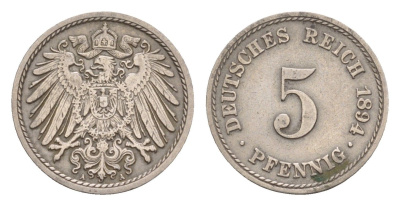 Германия 5 пфеннигов 1894 A, Вильгельм II (1888-1918) KM 11, J. 12 медно-никель 4655-259