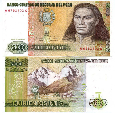 Перу 500 инти 1987 Хосе Габриель, Тупак Амару II, южноамериканский революционер, организатор восстания коренных народов против испанских колониальных властей в перу, альпинисты на восхождении Pick 134b бумага UNC (пресс) 447-73-2